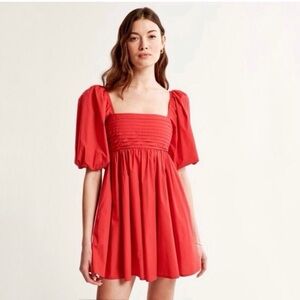 Abercrombie & Fitch Emerson Poplin Puff Sleeve Mini Dress Red Medium Tall